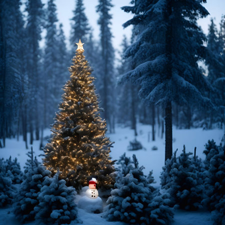 Christmas Day, Christmas tree decorations gifts star ball color snowman background closeup in a snow pine forest evening lighting illustration generative aiの素材