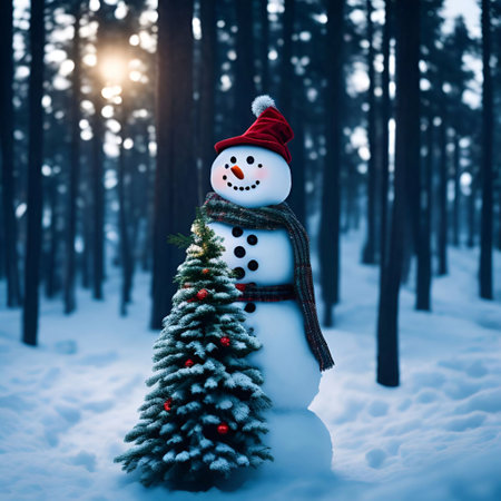 Christmas Day, Christmas tree decorations gifts star ball color snowman background closeup in a snow pine forest evening lighting illustration generative aiの素材