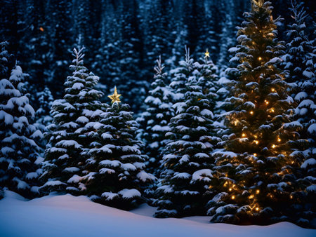 Christmas Day, Christmas tree decorations gifts star ball color snowman background closeup in a snow pine forest evening lighting illustration generative aiの素材