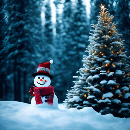 Christmas Day, Christmas tree decorations gifts star ball color snowman background closeup in a snow pine forest evening lighting illustration generative aiの素材