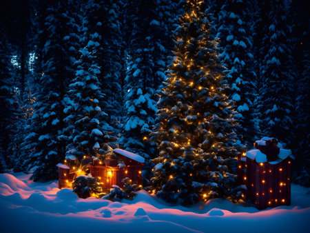 Christmas Day, Christmas tree decorations gifts star ball color snowman background closeup in a snow pine forest evening lighting illustration generative aiの素材