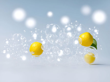 fruit, kiwi, orange, lemon, herb, leaf, oil, nucleus, molecule bubble structure hi tech background for cosmetic mockup science lab illustration art genetic generative aiの素材