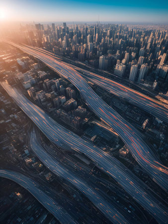 futuristic building city background City landscape and road in cinematic daylight generative ai illustrationの素材