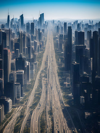 futuristic building city background City landscape and road in cinematic daylight generative ai illustrationの素材