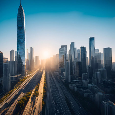 futuristic building city background City landscape and road in cinematic daylight generative ai illustrationの素材