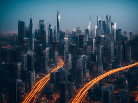 futuristic building city background City landscape and road in cinematic daylight generative ai illustrationの素材