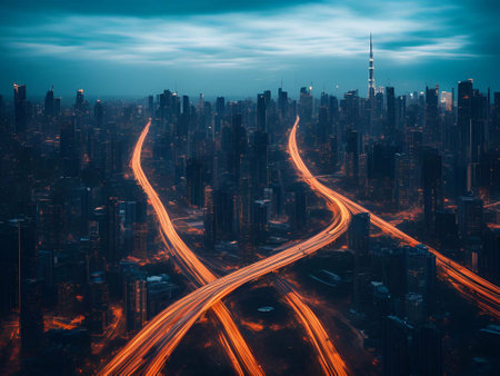 futuristic building city background City landscape and road in cinematic daylight generative ai illustrationの素材