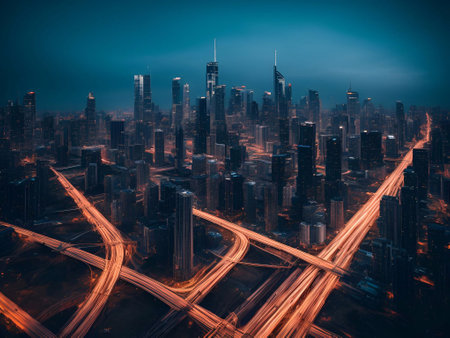 futuristic building city background City landscape and road in cinematic daylight generative ai illustrationの素材
