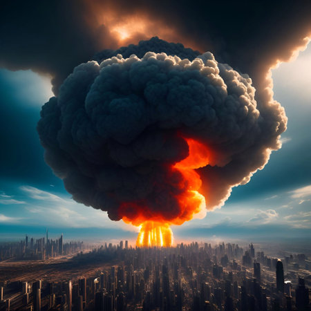 A nuclear Atomic bomb explosions In the futuristic city on daylight sky generative ai illustrationの素材