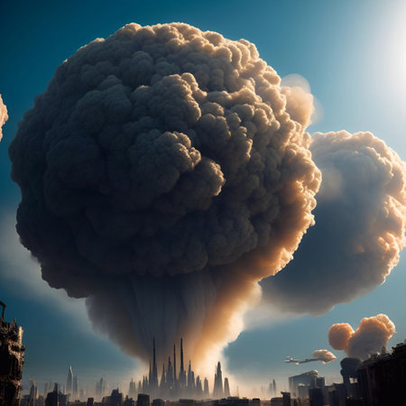 A nuclear Atomic bomb explosions In the futuristic city on daylight sky generative ai illustrationの素材