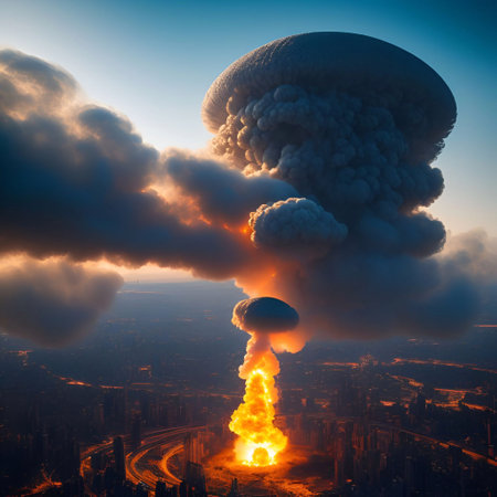 A nuclear Atomic bomb explosions In the futuristic city on daylight sky generative ai illustrationの素材