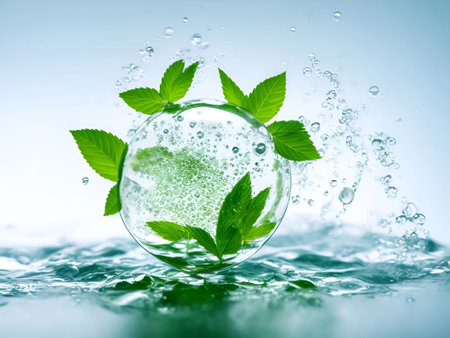 Medicinal plants and bubble and splash water on white background generative ai illustrationの素材