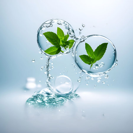Medicinal plants and bubble and splash water on white background generative ai illustrationの素材