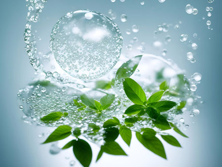 Medicinal plants and bubble and splash water on white background generative ai illustrationの素材