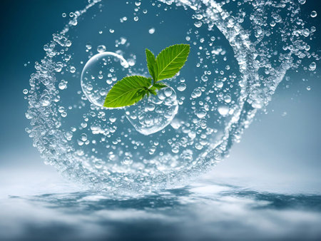 Medicinal plants and bubble and splash water on white background generative ai illustrationの素材