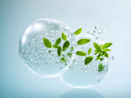 Medicinal plants and bubble and splash water on white background generative ai illustrationの素材