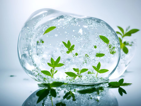 Medicinal plants and bubble and splash water on white background generative ai illustrationの素材