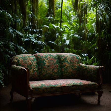 luxury sofa in the tropical forest Daylight Cinematic generative ai illustrationの素材
