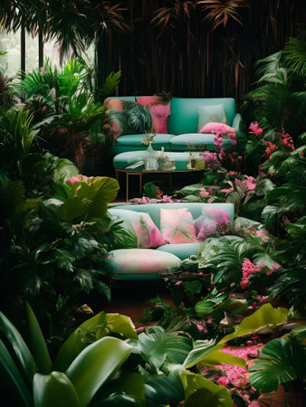 luxury sofa in the tropical forest Daylight Cinematic generative ai illustrationの素材