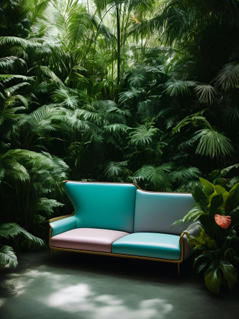 luxury sofa in the tropical forest Daylight Cinematic generative ai illustrationの素材