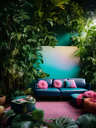 luxury sofa in the tropical forest Daylight Cinematic generative ai illustrationの素材