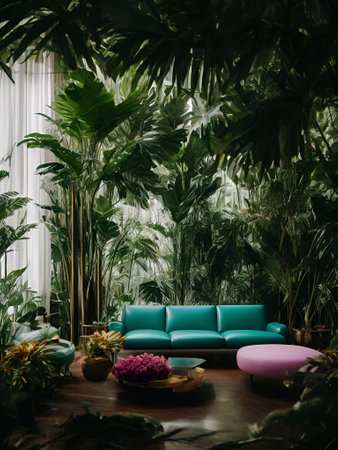 luxury sofa in the tropical forest Daylight Cinematic generative ai illustrationの素材