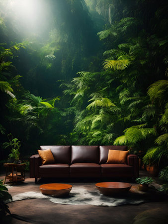 luxury sofa in the tropical forest Daylight Cinematic generative ai illustrationの素材