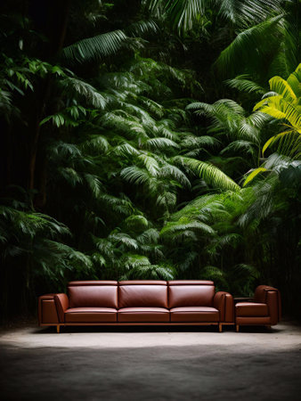 luxury sofa in the tropical forest Daylight Cinematic generative ai illustrationの素材