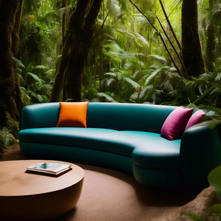 luxury sofa in the tropical forest Daylight Cinematic generative ai illustrationの素材
