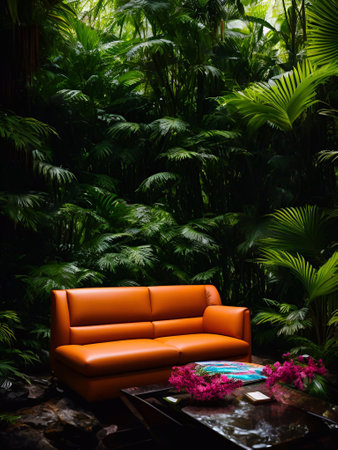 luxury sofa in the tropical forest Daylight Cinematic generative ai illustrationの素材