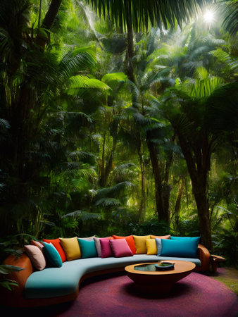luxury sofa in the tropical forest Daylight Cinematic generative ai illustrationの素材