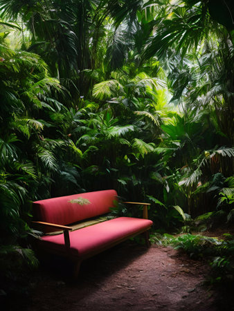 luxury sofa in the tropical forest Daylight Cinematic generative ai illustrationの素材