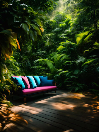 luxury sofa in the tropical forest Daylight Cinematic generative ai illustrationの素材