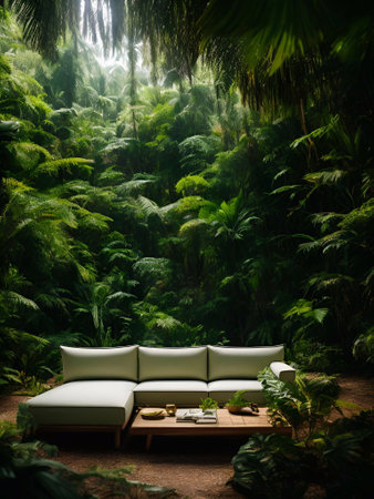 luxury sofa in the tropical forest Daylight Cinematic generative ai illustrationの素材