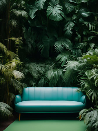 luxury sofa in the tropical forest Daylight Cinematic generative ai illustrationの素材