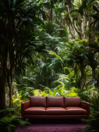 luxury sofa in the tropical forest Daylight Cinematic generative ai illustrationの素材