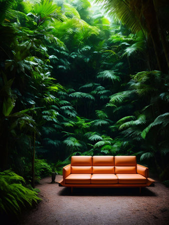 luxury sofa in the tropical forest Daylight Cinematic generative ai illustrationの素材
