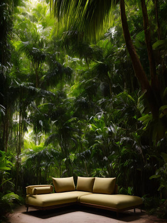 luxury sofa in the tropical forest Daylight Cinematic generative ai illustrationの素材