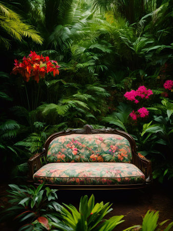 luxury sofa in the tropical forest Daylight Cinematic generative ai illustrationの素材