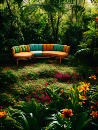 luxury sofa in the tropical forest Daylight Cinematic generative ai illustrationの素材