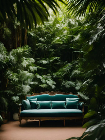 luxury sofa in the tropical forest Daylight Cinematic generative ai illustrationの素材