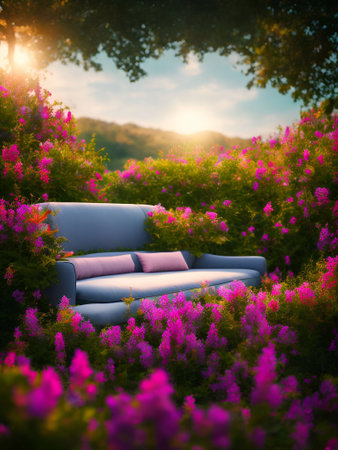 luxury sofa in the tropical forest Daylight Cinematic generative ai illustrationの素材