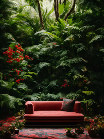 luxury sofa in the tropical forest Daylight Cinematic generative ai illustrationの素材