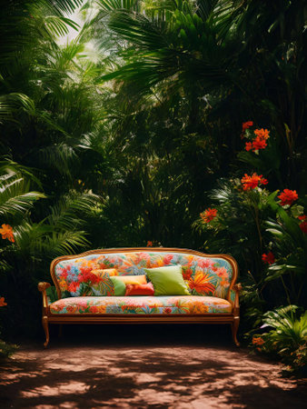 luxury sofa in the tropical forest Daylight Cinematic generative ai illustrationの素材
