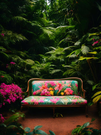 luxury sofa in the tropical forest Daylight Cinematic generative ai illustrationの素材