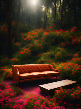 luxury sofa in the tropical forest Daylight Cinematic generative ai illustrationの素材