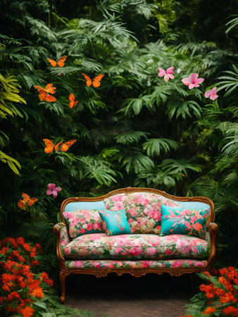 luxury sofa in the tropical forest Daylight Cinematic generative ai illustrationの素材