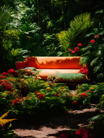 luxury sofa in the tropical forest Daylight Cinematic generative ai illustrationの素材