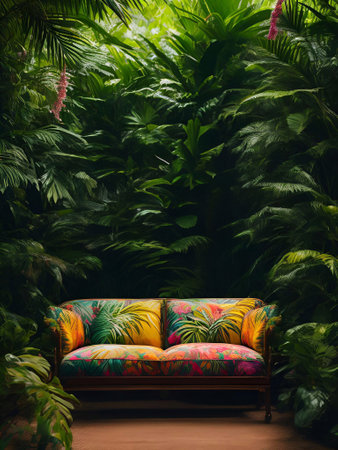 luxury sofa in the tropical forest Daylight Cinematic generative ai illustrationの素材