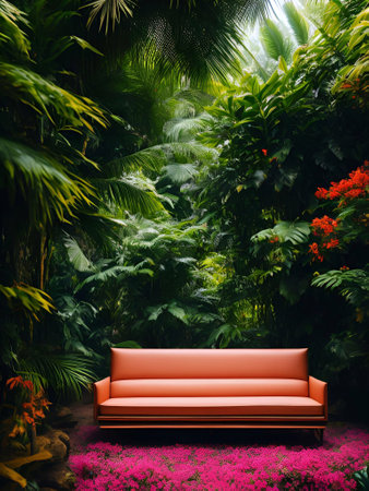 luxury sofa in the tropical forest Daylight Cinematic generative ai illustrationの素材
